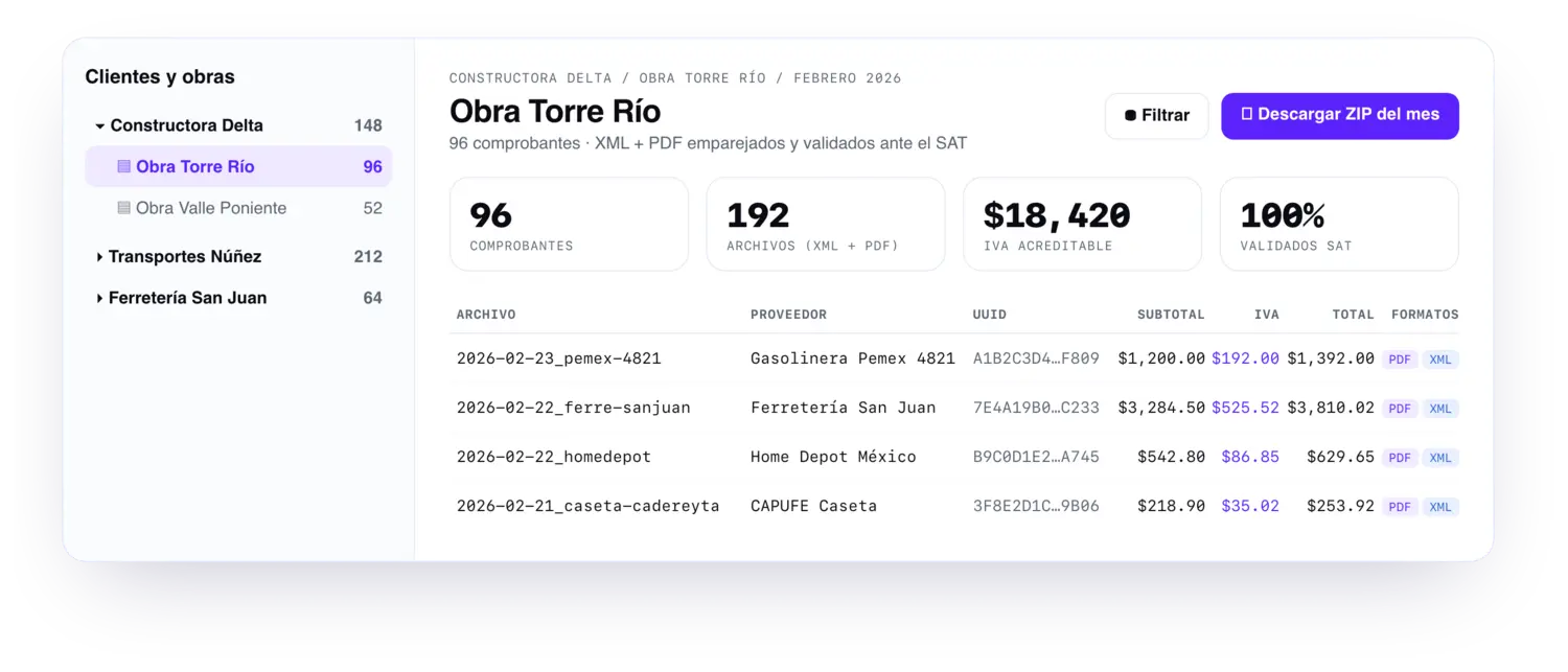 [Captura: carpeta de facturas recuperadas con sus XML y PDF, lista para descargar y entregar al contador]