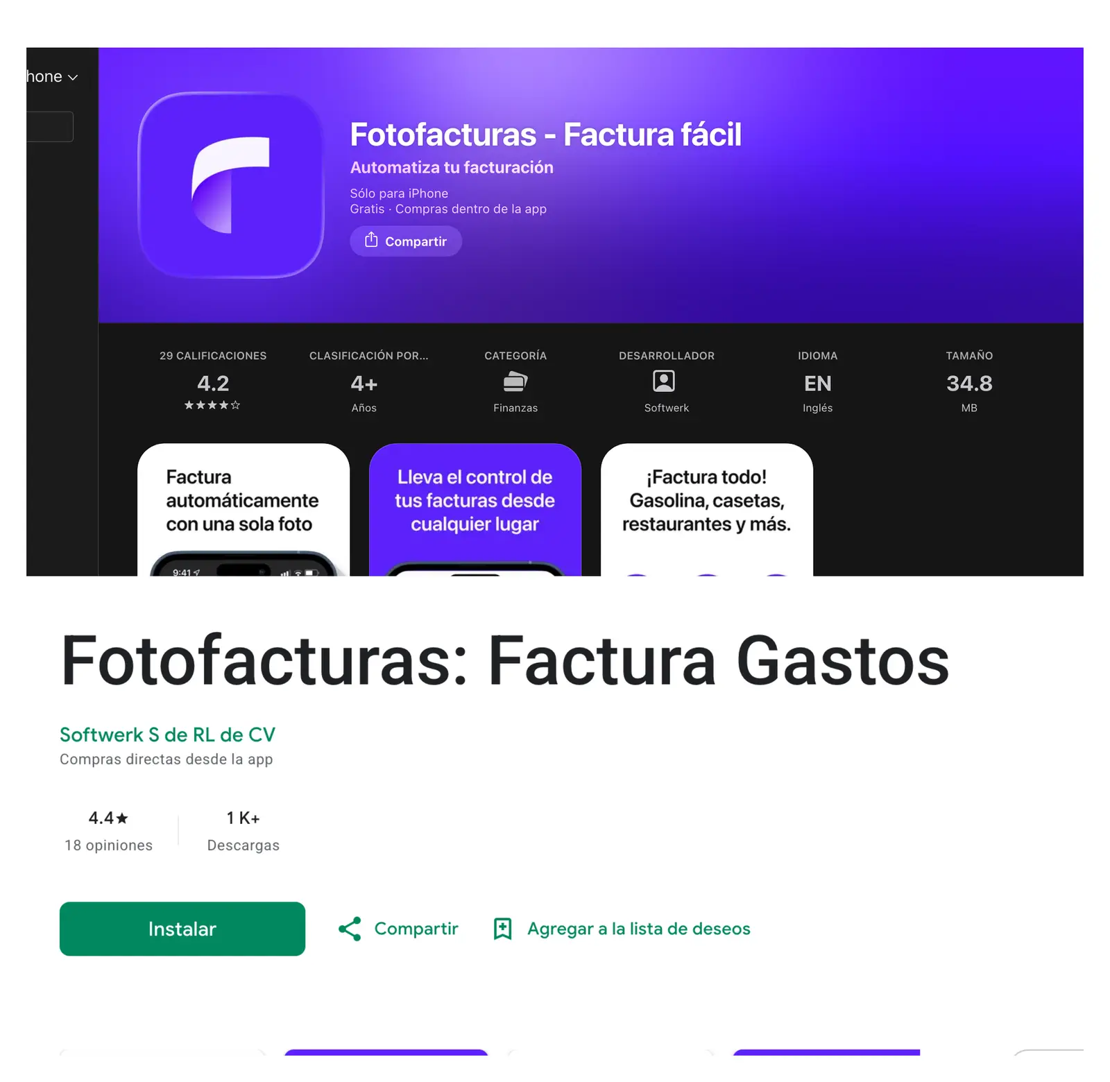 [Captura: fichas de 'Fotofacturas' en App Store y Google Play, con el desarrollador Softwerk y la calificación 4.3 ★ visibles]