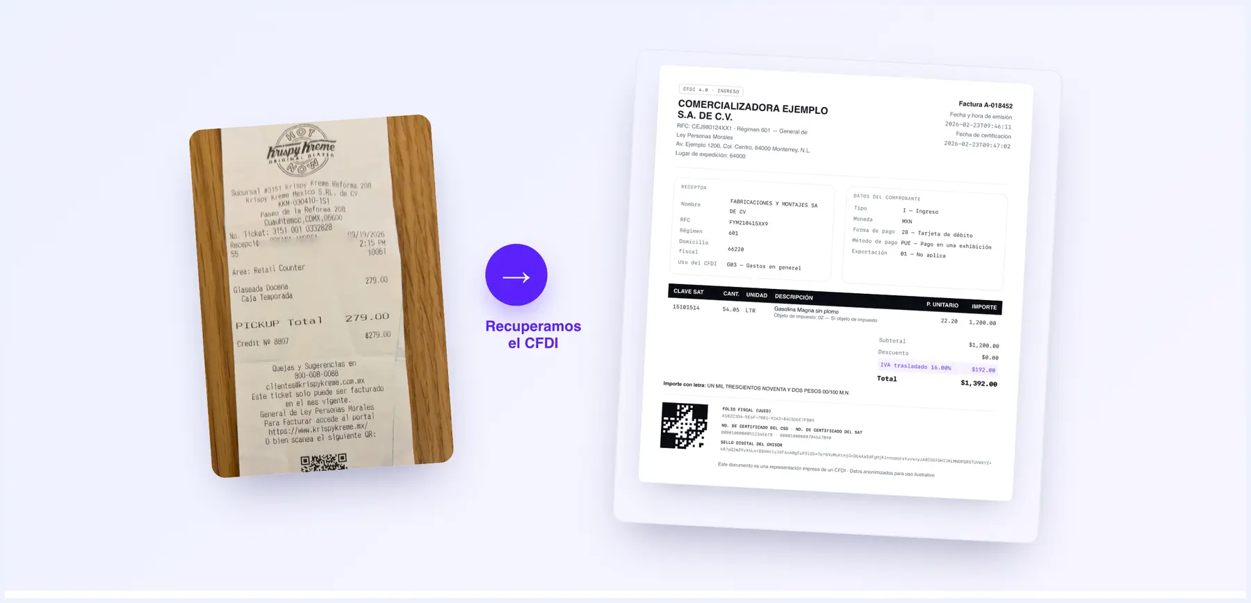 [Captura: la app mostrando un ticket subido junto a su CFDI recuperado — PDF y XML]